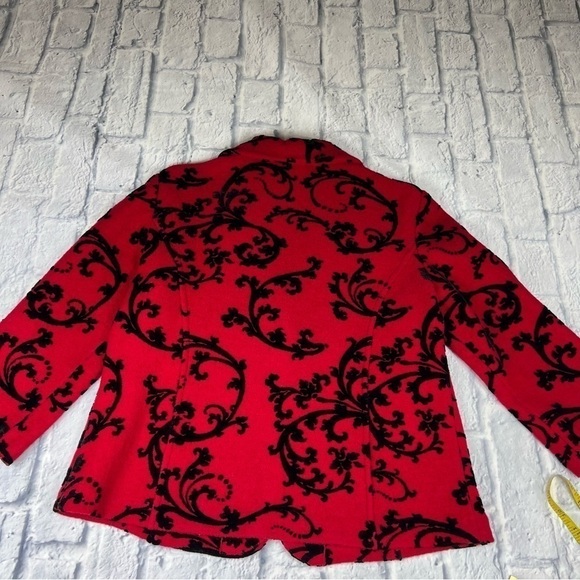 Vintage Coldwater Creek wool and velvet blazer vibrant red and black swirl - Picture 3 of 12